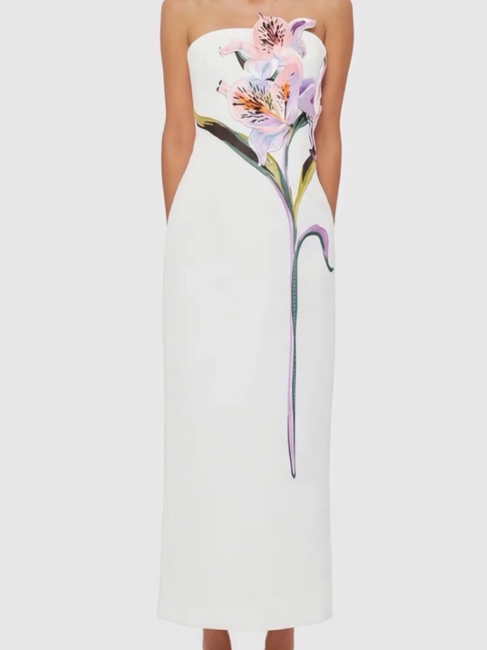 Strapless Maxi White Dress with Orchid Applique